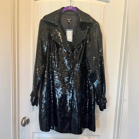 BEBE NWT SEQUIN TRENCH COAT BLACK SHINY TUXEDO COUTURE GALA FORMAL JACKET GLAMOR - Picture 3 of 16